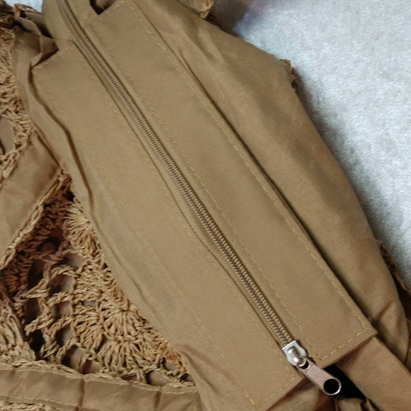 SALE Circle Handmade Crochet Shoulder Tote Bag Lined Zipper Light Brown Boho - Picture 11 of 13